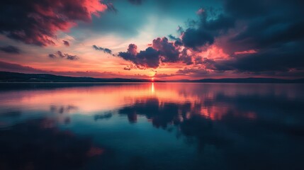 A serene sunset over a calm lake, reflecting vibrant colors and dramatic clouds.