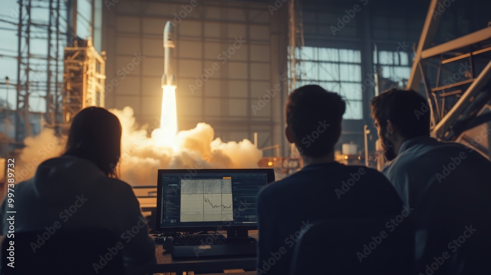 Aufkleber As the rocket lifts off into the sky, engineers observe its ascent from a control room filled with screens displaying vital data. The atmosphere is tense and exciting as the launch unfolds.