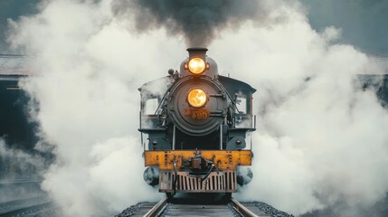 A vintage steam locomotive billows smoke as it approaches on the tracks.