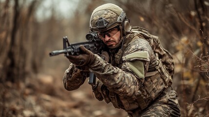 Fototapeta premium A soldier in tactical gear aiming a rifle in a forested environment.