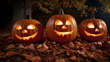 Decorative Halloween pumpkins with carved faces, autumn leaves, and a lantern