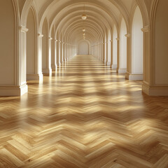 Obraz premium beautifully designed corridor featuring elegant arches and herringbone wooden floor. warm lighting enhances architectural details, creating serene and inviting atmosphere