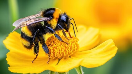 A bumblebee collecting pollen from a vibrant yellow flower in a natural setting.