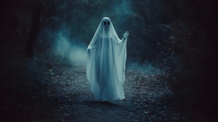Ghost waving goodbye with hand, wearing ghostly white sheet, Halloween background