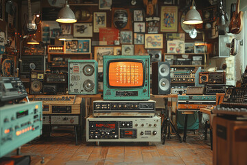 A retro radio station setup with classic microphones and old broadcast equipment, representing the history of radio broadcasting. Concept of media history.