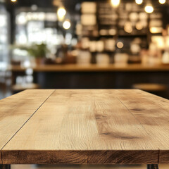 beautifully crafted wooden table in cozy cafe setting, with blurred background featuring warm bokeh lights. inviting atmosphere is perfect for relaxation or socializing