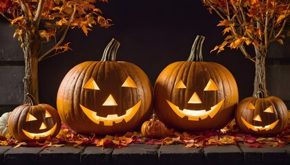 Obraz premium Decorative Halloween pumpkins with carved faces, autumn leaves, and a lantern