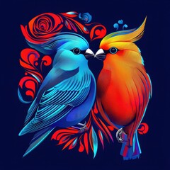 Fototapeta premium Two colorful birds facing each other with decorative floral elements.
