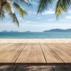 Fototapeta premium wooden table top is set against blurred beach background, evoking serene and tropical atmosphere. palm trees sway gently, enhancing peaceful vibe of this coastal scene