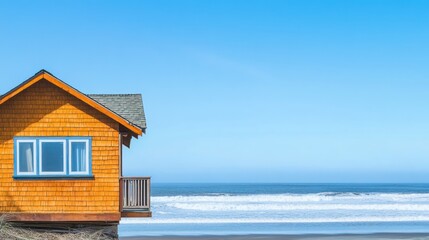 A vibrant orange beach house near the ocean under a clear blue sky.