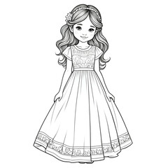 Fototapeta premium Coloring book page of a cute girl in long dress