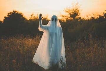Ghost waving goodbye with hand, wearing ghostly white sheet, Halloween background