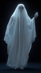 Ghost waving goodbye with hand, wearing ghostly white sheet, Halloween background