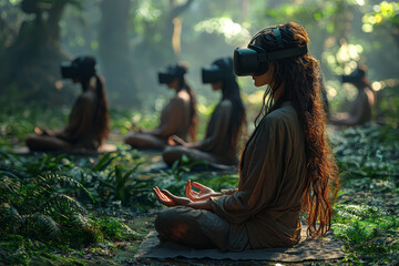 A group of users engaging in a virtual reality meditation session, relaxing and exploring serene digital landscapes for mindfulness. Concept of VR wellness.