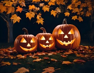 Decorative Halloween pumpkins with carved faces, autumn leaves, and a lantern