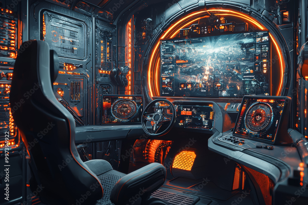 Poster a futuristic vr gaming setup with motion controllers and a large screen displaying an interactive, i