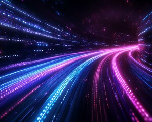 Abstract technological design featuring blue and purple straight light track lines on a black background, evoking a modern, digital atmosphere