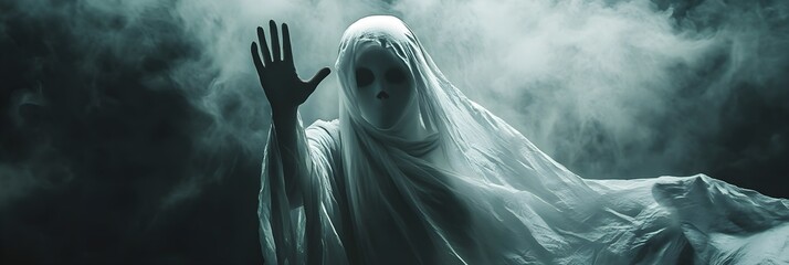 Ghost waving goodbye with hand, wearing ghostly white sheet, Halloween background