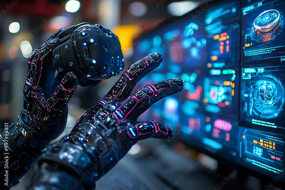 Poster a close-up of a person's hands manipulating virtual objects using vr controllers, showcasing precise