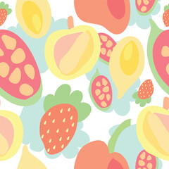 colorful exotic tropical type of fruits with apples and strawberries seamless pattern. Hand drawn colorful cute exotic tropical and seasonal fruits seamless pattern.