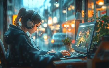 Obraz premium Japanese cartoon style LoFi illustration young person with headphones at a desk by a rainy window