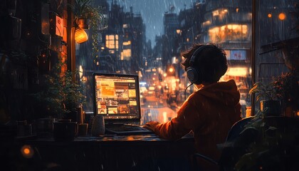 Obraz premium Japanese cartoon style LoFi scene young person sitting at a desk with headphones by a rainy window
