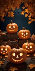 Decorative Halloween pumpkins with carved faces, autumn leaves, and a lantern