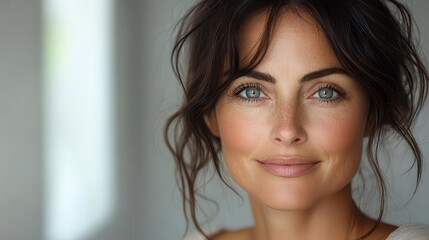 Naklejka premium a beautiful middleaged woman embodies skincare beauty showcasing glowing skin and confidence against a clean white backdrop in a skincare cosmetics theme