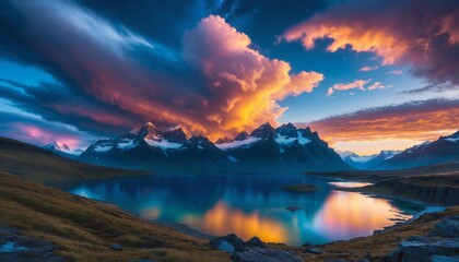 Sunset over a mountain lake
