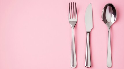The cutlery set includes a fork, knife, and spoon crafted from shiny stainless steel, displayed neatly on a soft pink background in a topdown arrangement