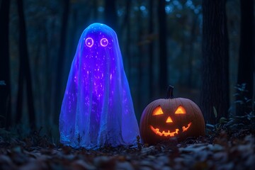 A purple ghost with glowing eyes, wearing a white sheet, stands in the dark forest at night next to an orange pumpkin