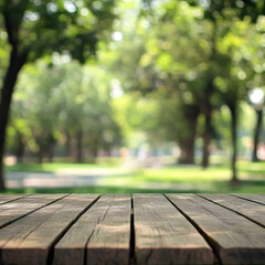 Fototapeta premium serene wooden table in park garden setting, surrounded by lush greenery and blurred background, creating peaceful atmosphere