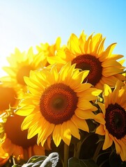 Obraz premium Cheerful sunflowers soak in the warm sunlight, showcasing their bright yellow petals against a serene blue sky. Generative AI
