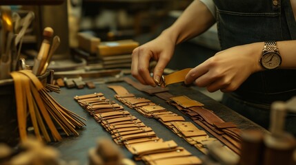 Leather watch strap handcrafted artisan cutting precision craftsmanship bespoke detail. AI generated