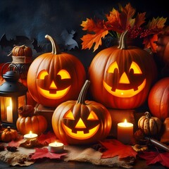 Decorative Halloween pumpkins with carved faces, autumn leaves, and a lantern