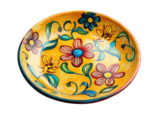 Colorful ceramic bowl with floral design on a vibrant yellow background, transparent background.