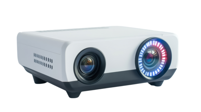 Modern digital projector with dual lens design, isolated on white. transparent background.