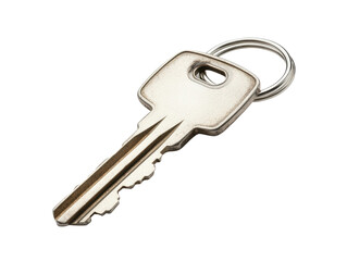 A metallic key on a keyring, isolated on a white background. transparent background.