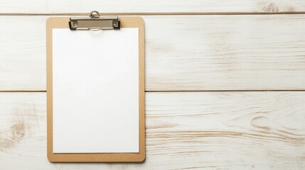 A wooden clipboard rests on a white wooden table, featuring a blank sheet of paper that invites ideas and creativity. The clean design emphasizes simplicity