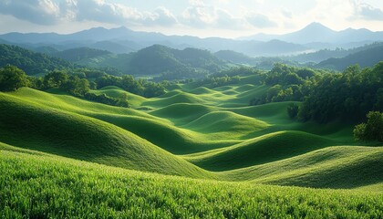 Fototapeta premium Lush green hills stretching into the distance with mountains on the horizon