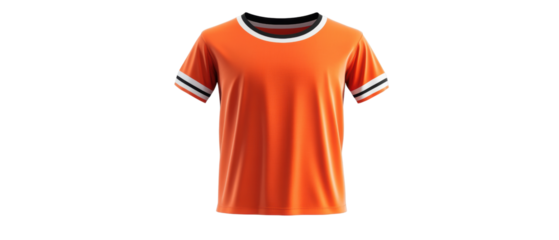 Orange t-shirt with white stripes on sleeves, isolated on white background. transparent background.