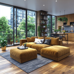 Obraz premium modern Scandinavian apartment featuring cozy living room with stylish mustard colored sofa, complemented by plush ottoman. space is filled with natural light, showcasing greenery outside and sleek
