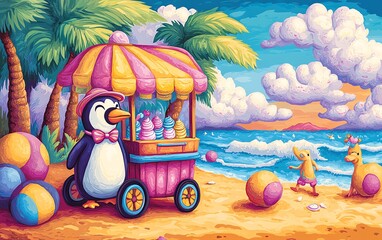 Whimsical cartoon scene of a penguin ice cream vendor with a bow tie and striped hat