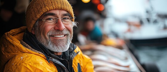 Smiling fisherman in a vibrant harbor, displaying fresh fish on a sunny day