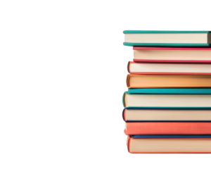 Colorful stacked books on a white background, transparent background.