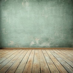 spacious empty room features grunge light green wall and warm wooden floor, creating serene and inviting atmosphere perfect for various uses