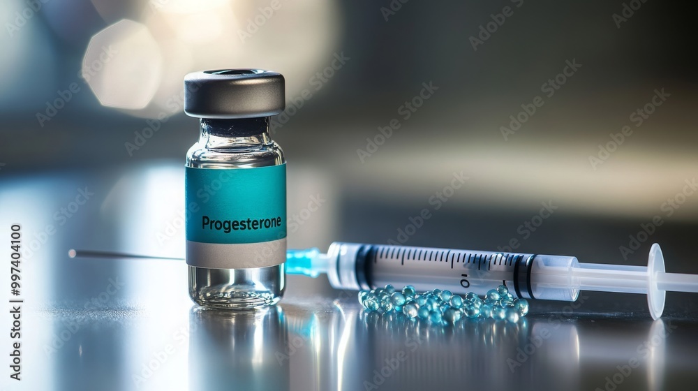 Poster a clear glass vial with a blue label reading 'progesterone' sits next to a clear plastic syringe and