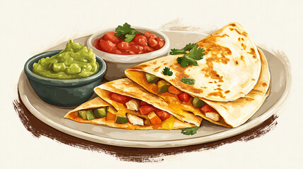 An illustration of a cheesy quesadilla filled with chicken and peppers, served with a side of salsa and guacamole.