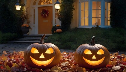 Decorative Halloween pumpkins with carved faces, autumn leaves, and a lantern