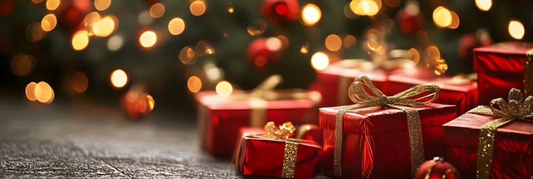 Christmas xmas or celebration holiday festive greeting card - Closeup of many different red presents gift boxes with gold ribbon, background with bokeh lights and christmas tree